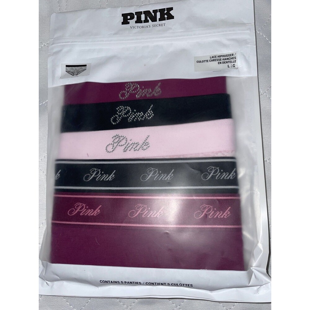 Victoria Secret PINK 5 Pack Shine Logo Lace Hiphugger Panties L Rhinestone Bling